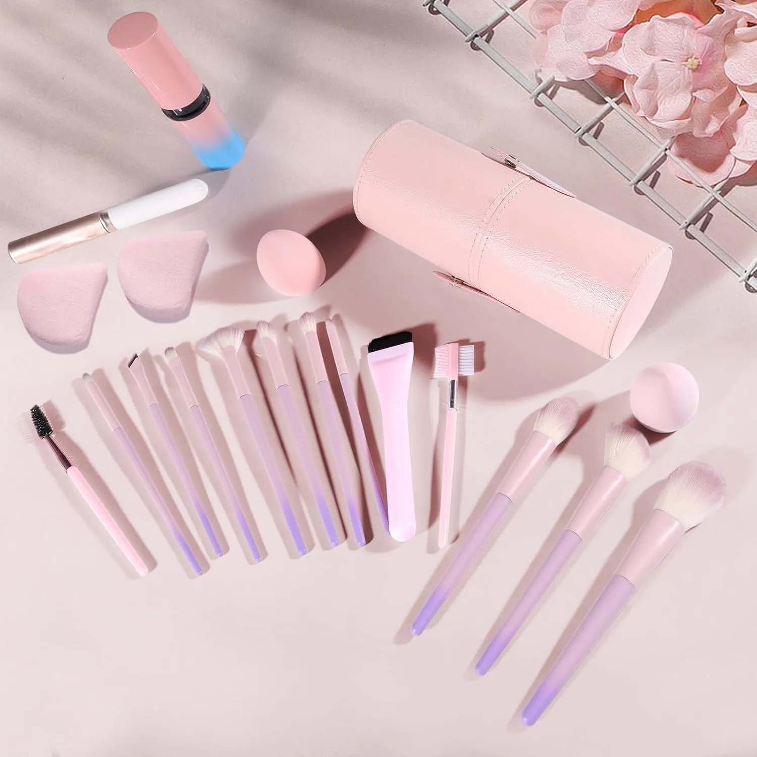 Makeup Brush Set 19 Pcs Premium Synthetic Foundation Powder Concealers Eye shadows Blush Travel Makeup Brushes Holder Set (Pink)