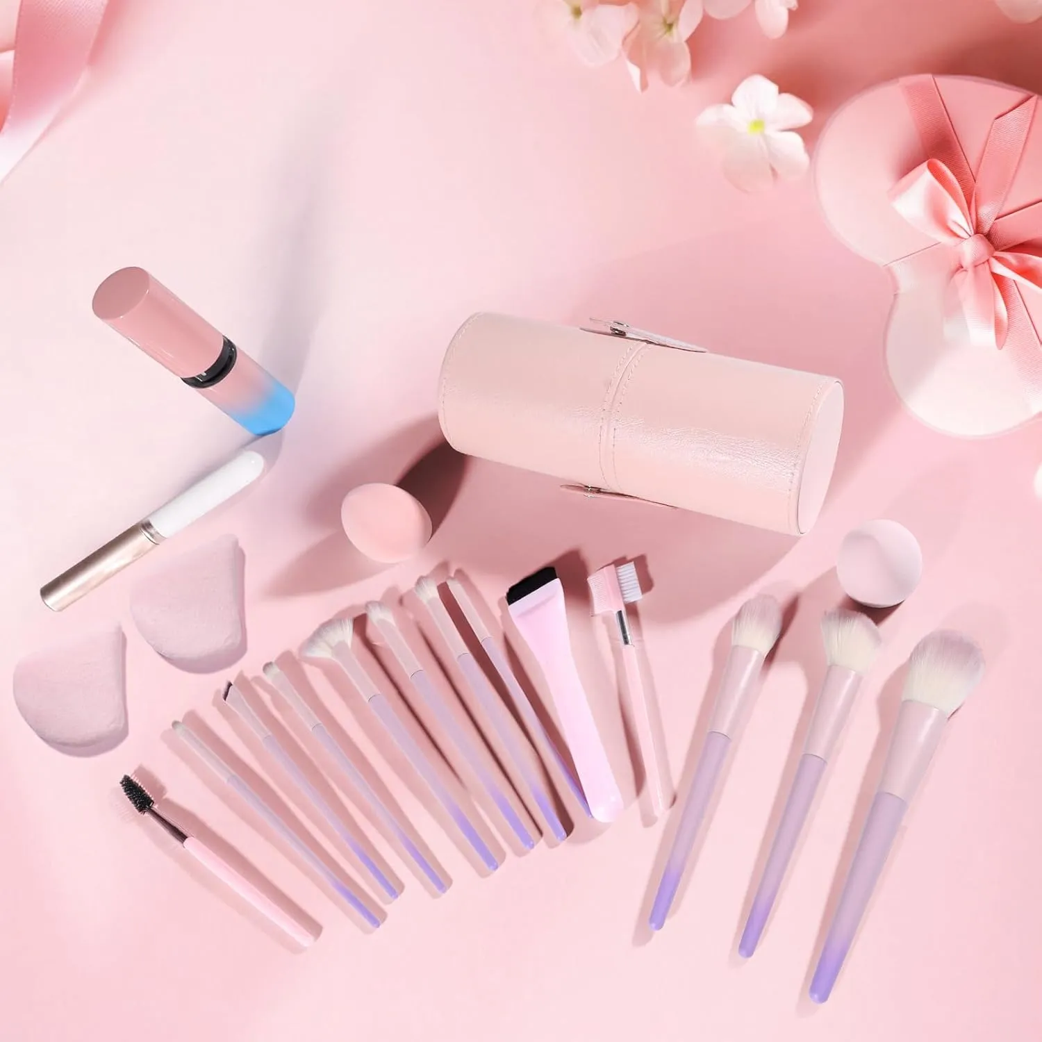 Makeup Brush Set 19 Pcs Premium Synthetic Foundation Powder Concealers Eye shadows Blush Travel Makeup Brushes Holder Set (Pink)