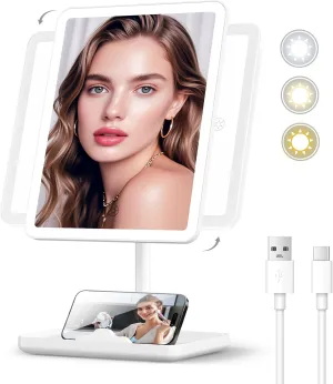 Makeup Mirror with Lights - Lighted Vanity Makeup Mirror Tabletop Dimmable with 3 Color Modes, Hollywood Desk Vanity Mirror with Smart Touch Control, Rechargeable LED Mirror Makeup for Teen Girl Women