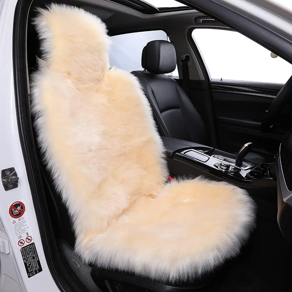 Maples 1 PC Fuzzy Faux Sheepskin Wool Fur Car Seat Cover for Auto SUV Trucks Universal Fit, Soft Plush Synthetic Wool Buck Fur Fluffy Car Seat Cushions(Beige)