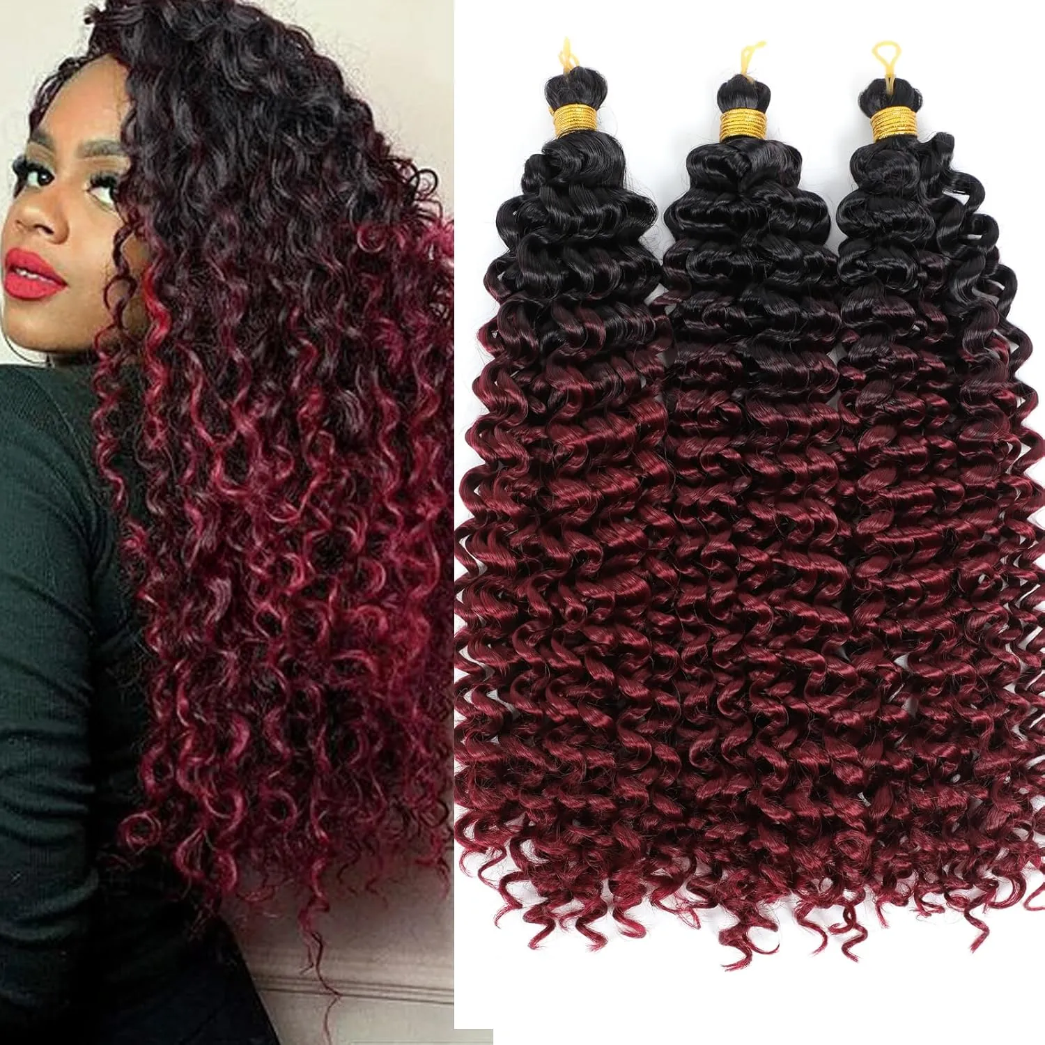 Marlybob Water Wave Crochet Curly Hair Jerry Curly Crochet Braids Ombre Kinky Curly Synthetic Twist Braiding Hair for Black Women14 Inch 3PCS (1B-Burg)