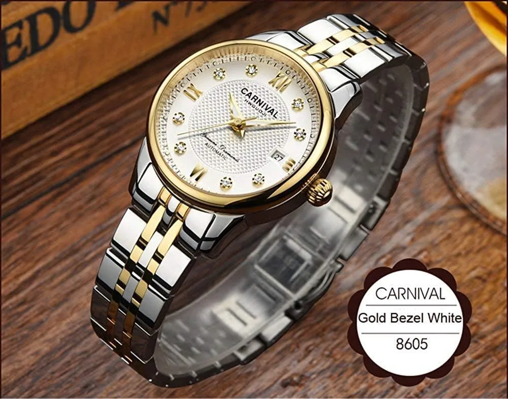 MASTOP Women's Automatic Watch Gold Silver Stainless Steel with Crystal Dial Date Water Resistant Watches