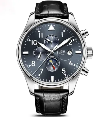 MASTOPMen's Complications Analog Automatic Mechanical Watch Luminous Calendar Genuine Leather Band Business Stainless Steel Dress Wrist Watch Classic