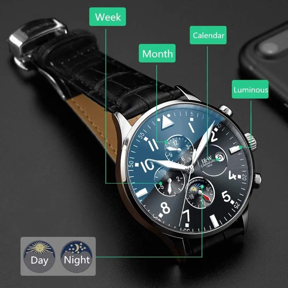 MASTOPMen's Complications Analog Automatic Mechanical Watch Luminous Calendar Genuine Leather Band Business Stainless Steel Dress Wrist Watch Classic