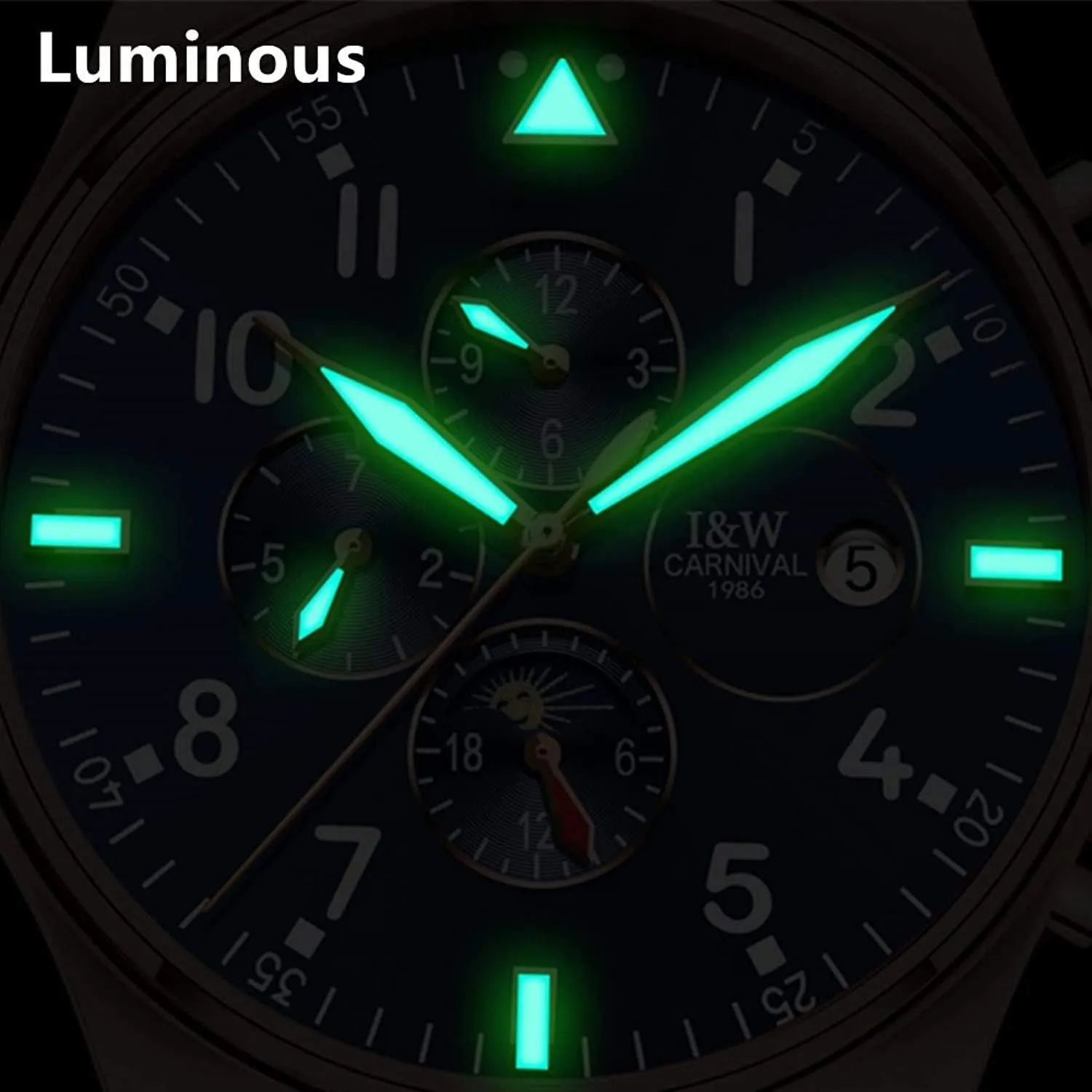 MASTOPMen's Complications Analog Automatic Mechanical Watch Luminous Calendar Genuine Leather Band Business Stainless Steel Dress Wrist Watch Classic
