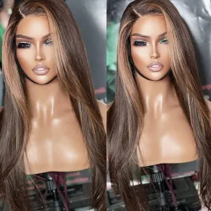 Maycaur Brown Lace Front Wigs 24 Inch Highlight Wig Long Straight Lace Wigs Glueless Hair Mixed Blonde Synthetic Lace Front Wigs for Fashion Women
