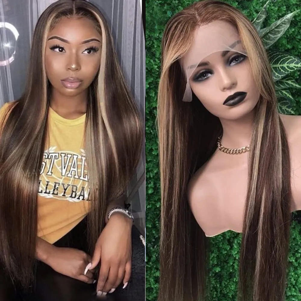 Maycaur Brown Lace Front Wigs 24 Inch Highlight Wig Long Straight Lace Wigs Glueless Hair Mixed Blonde Synthetic Lace Front Wigs for Fashion Women