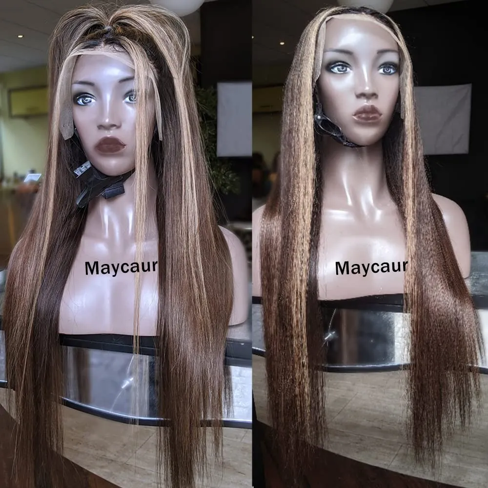 Maycaur Brown Lace Front Wigs 24 Inch Highlight Wig Long Straight Lace Wigs Glueless Hair Mixed Blonde Synthetic Lace Front Wigs for Fashion Women