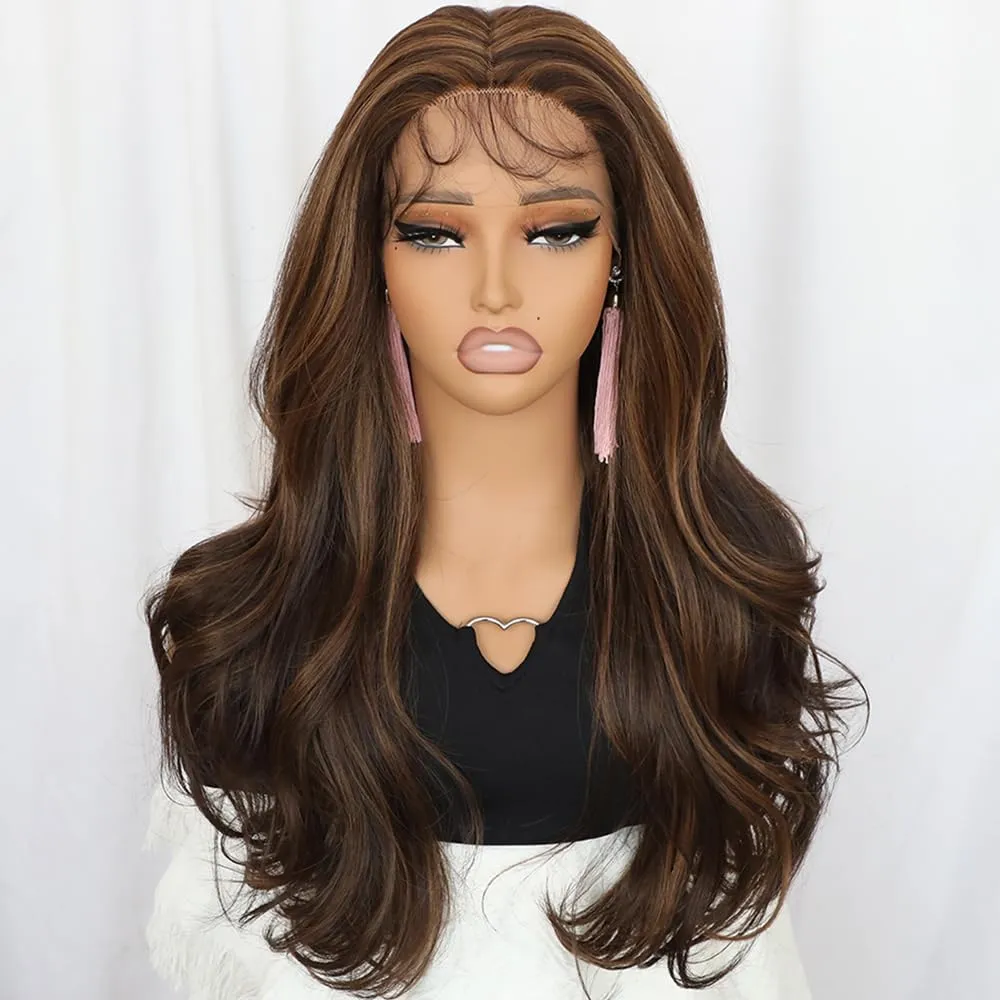 Maycaur Long Brown Curly Wig Lace Front Wigs for Women Glueless Lace Front Synthetic Wigs Middle Part Natural Wave Hair 22 Inch Highlight Synthetic Lace Front Wig Pre Plucked Hairline