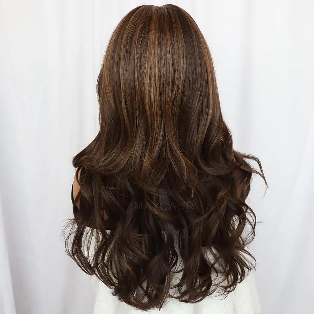 Maycaur Long Brown Curly Wig Lace Front Wigs for Women Glueless Lace Front Synthetic Wigs Middle Part Natural Wave Hair 22 Inch Highlight Synthetic Lace Front Wig Pre Plucked Hairline