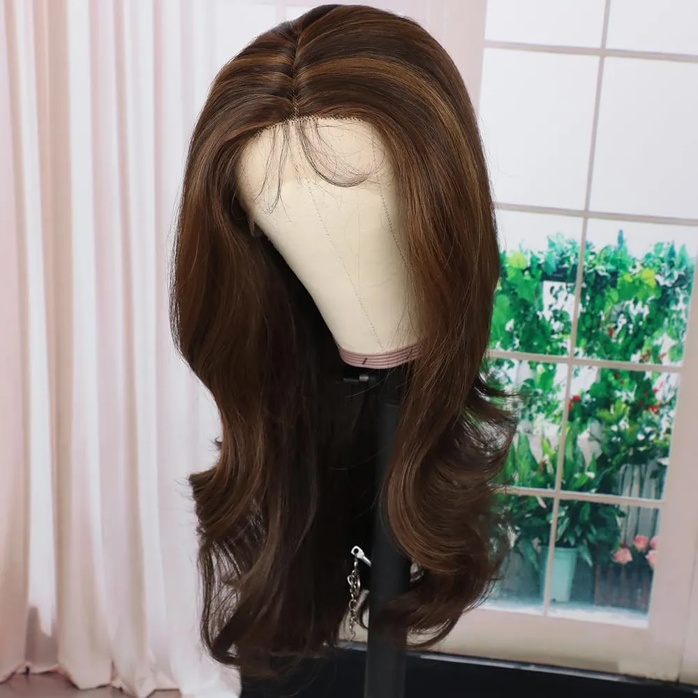 Maycaur Long Brown Curly Wig Lace Front Wigs for Women Glueless Lace Front Synthetic Wigs Middle Part Natural Wave Hair 22 Inch Highlight Synthetic Lace Front Wig Pre Plucked Hairline