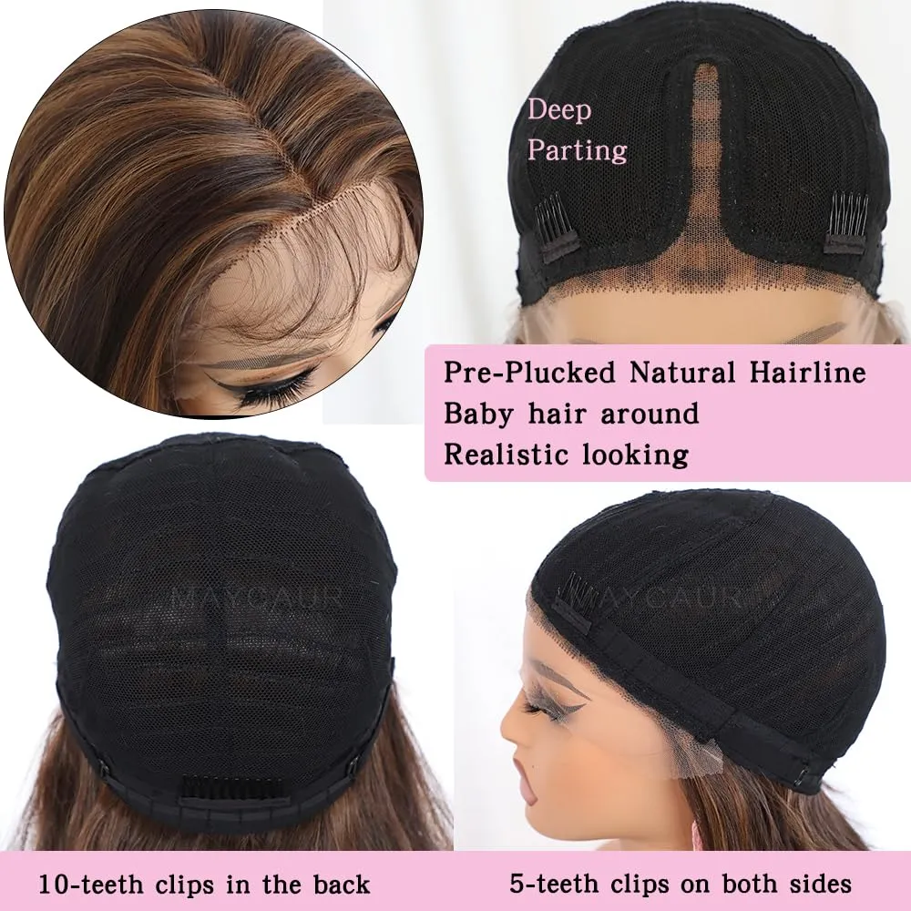 Maycaur Long Brown Curly Wig Lace Front Wigs for Women Glueless Lace Front Synthetic Wigs Middle Part Natural Wave Hair 22 Inch Highlight Synthetic Lace Front Wig Pre Plucked Hairline