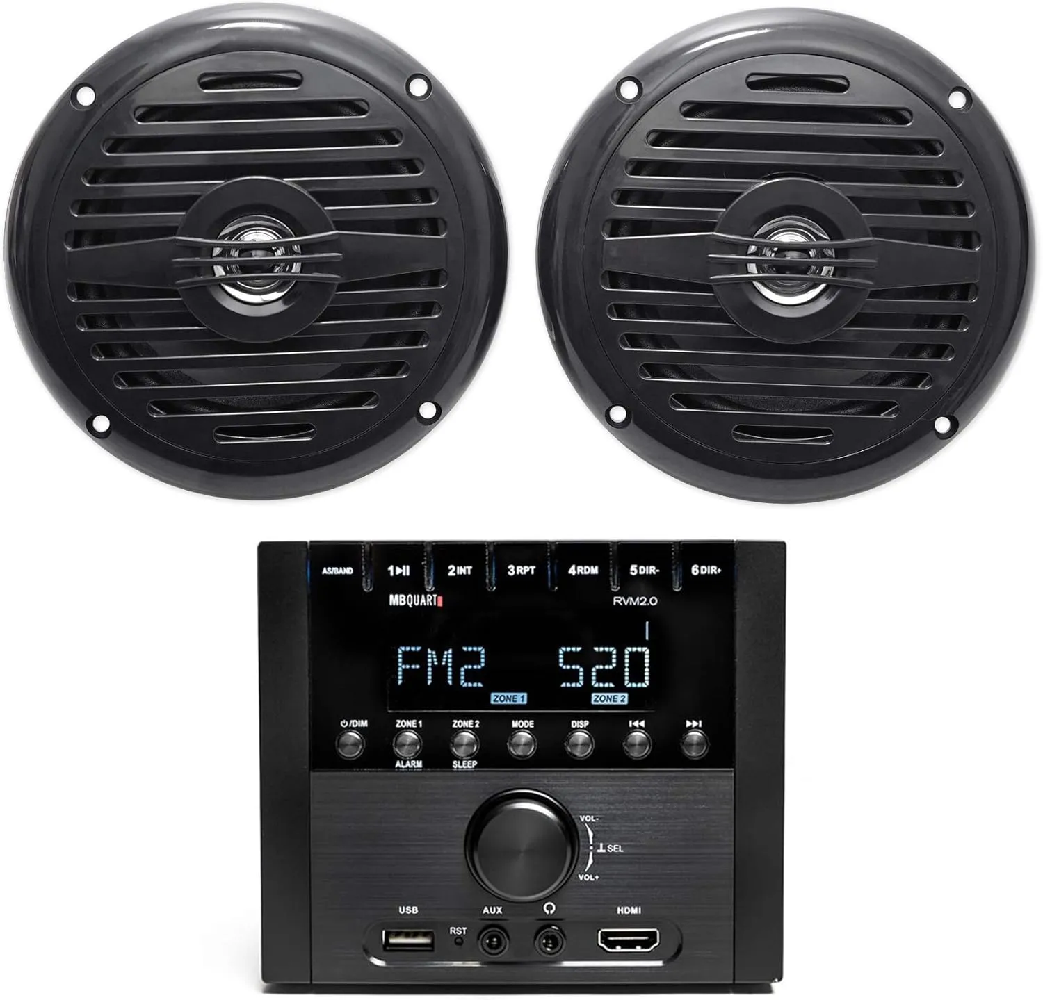 MB Quart RVM2.0 2-Zone RV Receiver Bluetooth Radio Stereo Bundle with Pair Rockville MS525B 5.25" 400 Watt Waterproof Marine Boat Speakers 2-Way Black