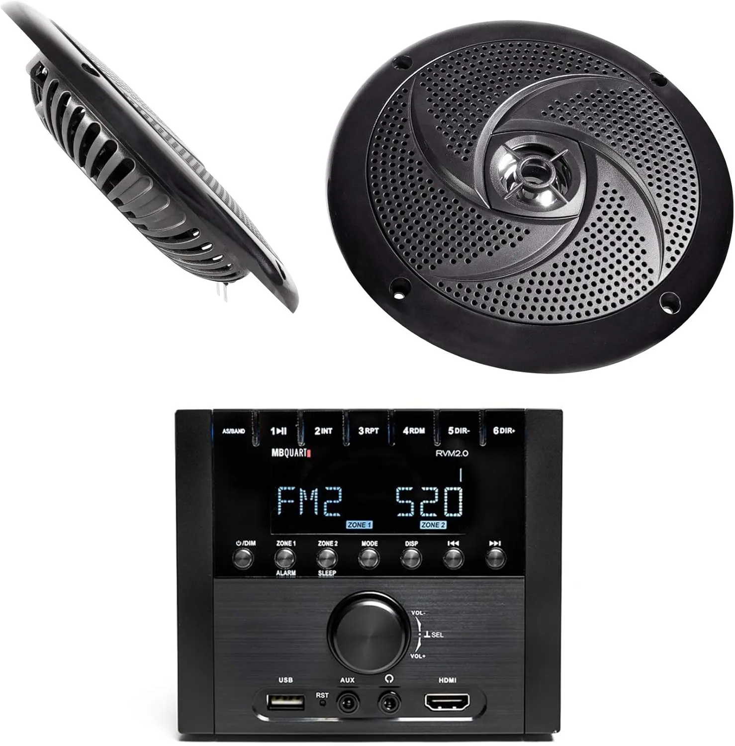 MB Quart RVM2.0 2-Zone RV Receiver Bluetooth Radio Stereo Bundle with Pair Rockville RSM65B 6.5" 320 Watt Waterproof Shallow Slim Marine Boat Speakers
