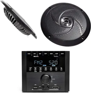MB Quart RVM2.0 2-Zone RV Receiver Bluetooth Radio Stereo Bundle with Pair Rockville RSM65B 6.5" 320 Watt Waterproof Shallow Slim Marine Boat Speakers