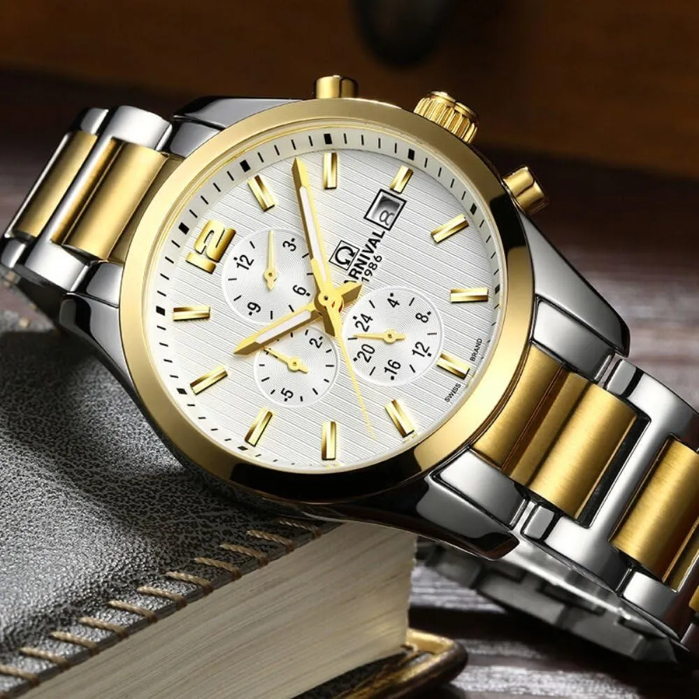 Men's Self Winding Mechanical Automatic Analog Luminous Watch Gold Plated Two Tone Stainless Steel Watch