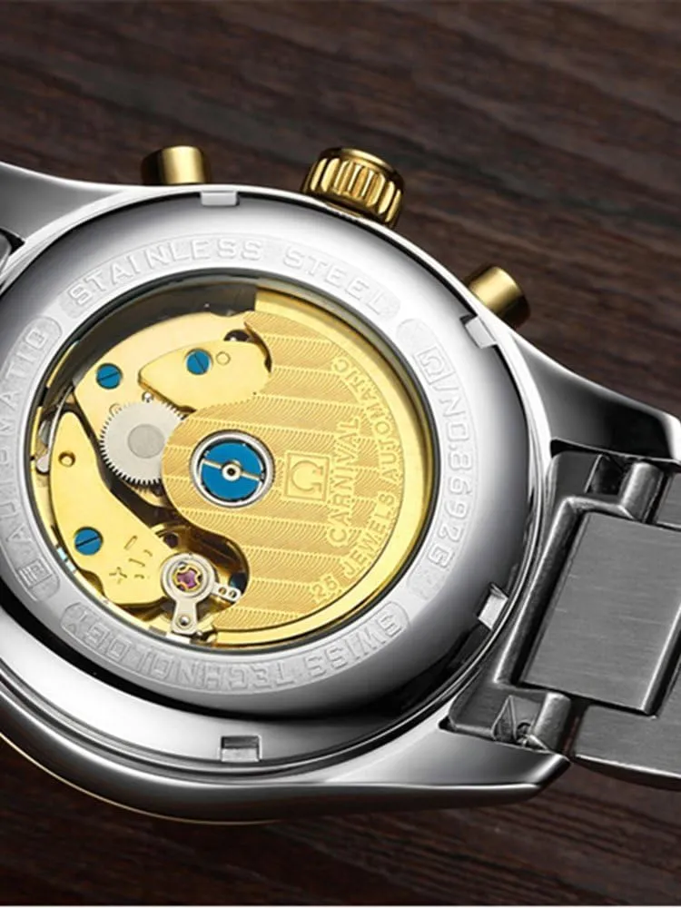 Men's Self Winding Mechanical Automatic Analog Luminous Watch Gold Plated Two Tone Stainless Steel Watch