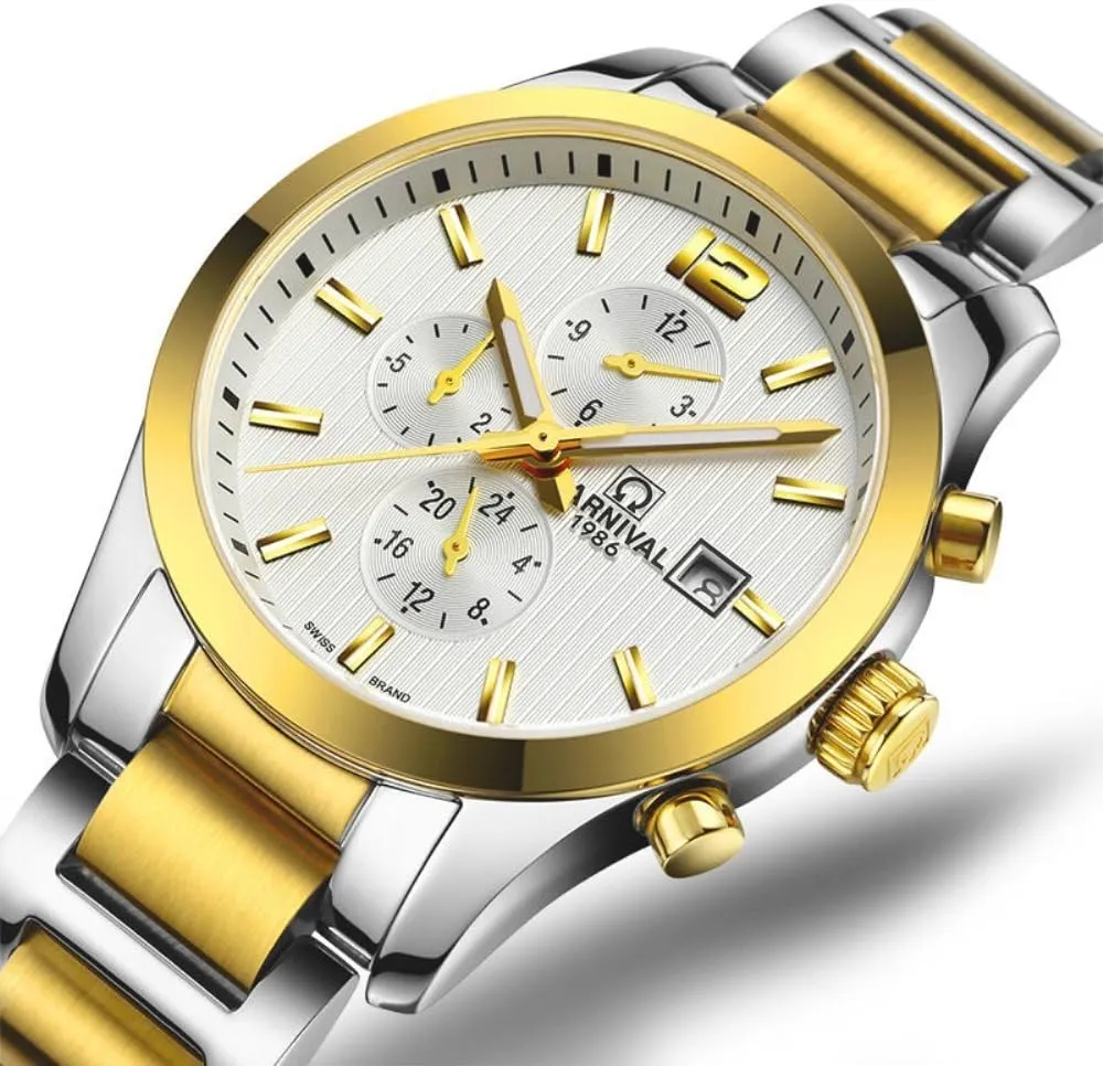 Men's Self Winding Mechanical Automatic Analog Luminous Watch Gold Plated Two Tone Stainless Steel Watch