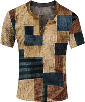 Mens Short Sleeve Henley Shirts Distressed Vintage Color Block Waffle Plaid T-Shirt Slim Fit Golf Polo Shirts for Men