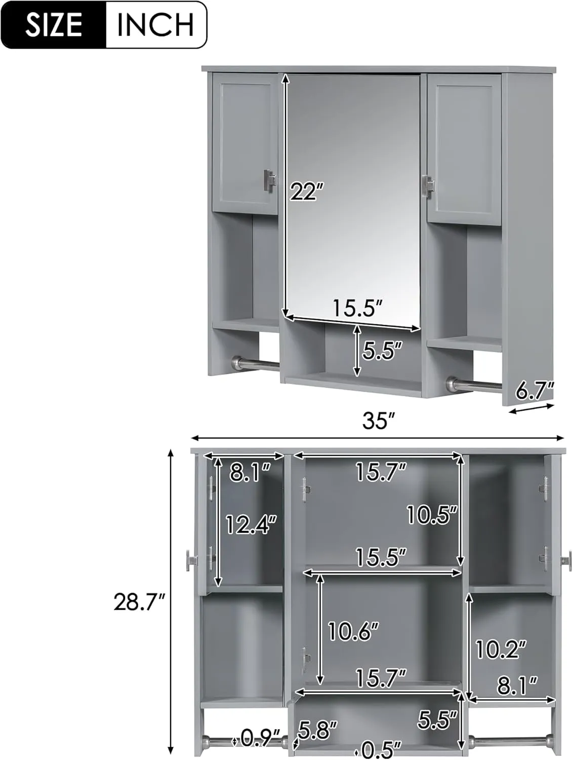 Merax Bathroom Medicine Cabinet with Mirror, Wall Mounted Bathroom Storage Cabinet with Mirror Door & Open Shelf, Over The Toilet Space Saver Storage Cabinet with Towel Rack (Grey Medicine Cabinet)