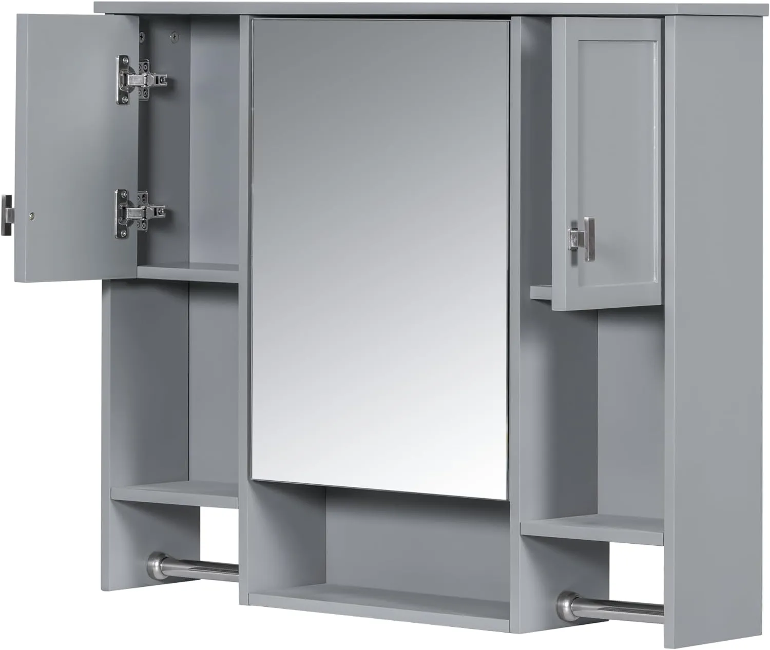 Merax Bathroom Medicine Cabinet with Mirror, Wall Mounted Bathroom Storage Cabinet with Mirror Door & Open Shelf, Over The Toilet Space Saver Storage Cabinet with Towel Rack (Grey Medicine Cabinet)