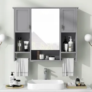 Merax Bathroom Medicine Cabinet with Mirror, Wall Mounted Bathroom Storage Cabinet with Mirror Door & Open Shelf, Over The Toilet Space Saver Storage Cabinet with Towel Rack (Grey Medicine Cabinet)