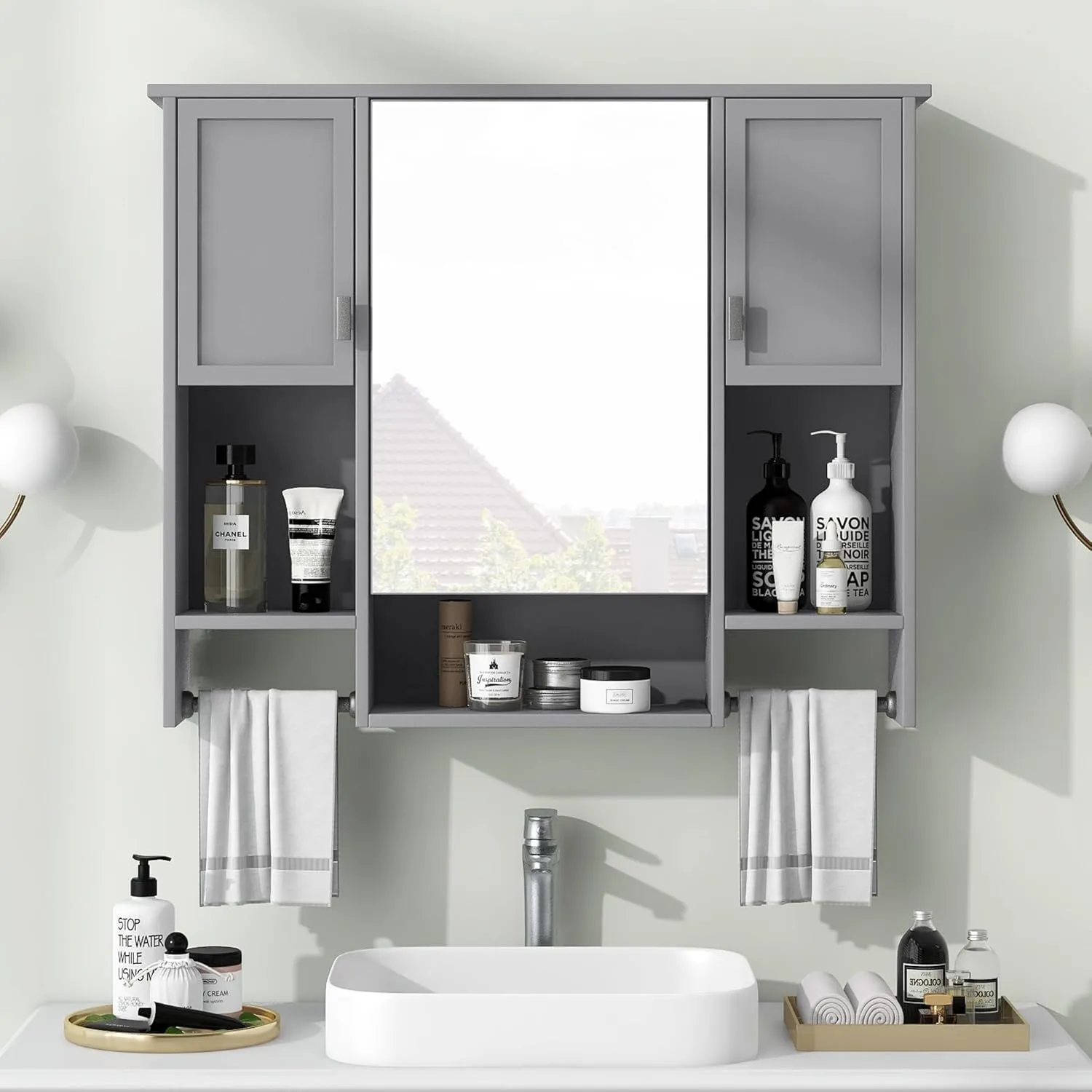 Merax Bathroom Medicine Cabinet with Mirror, Wall Mounted Bathroom Storage Cabinet with Mirror Door & Open Shelf, Over The Toilet Space Saver Storage Cabinet with Towel Rack (Grey Medicine Cabinet)