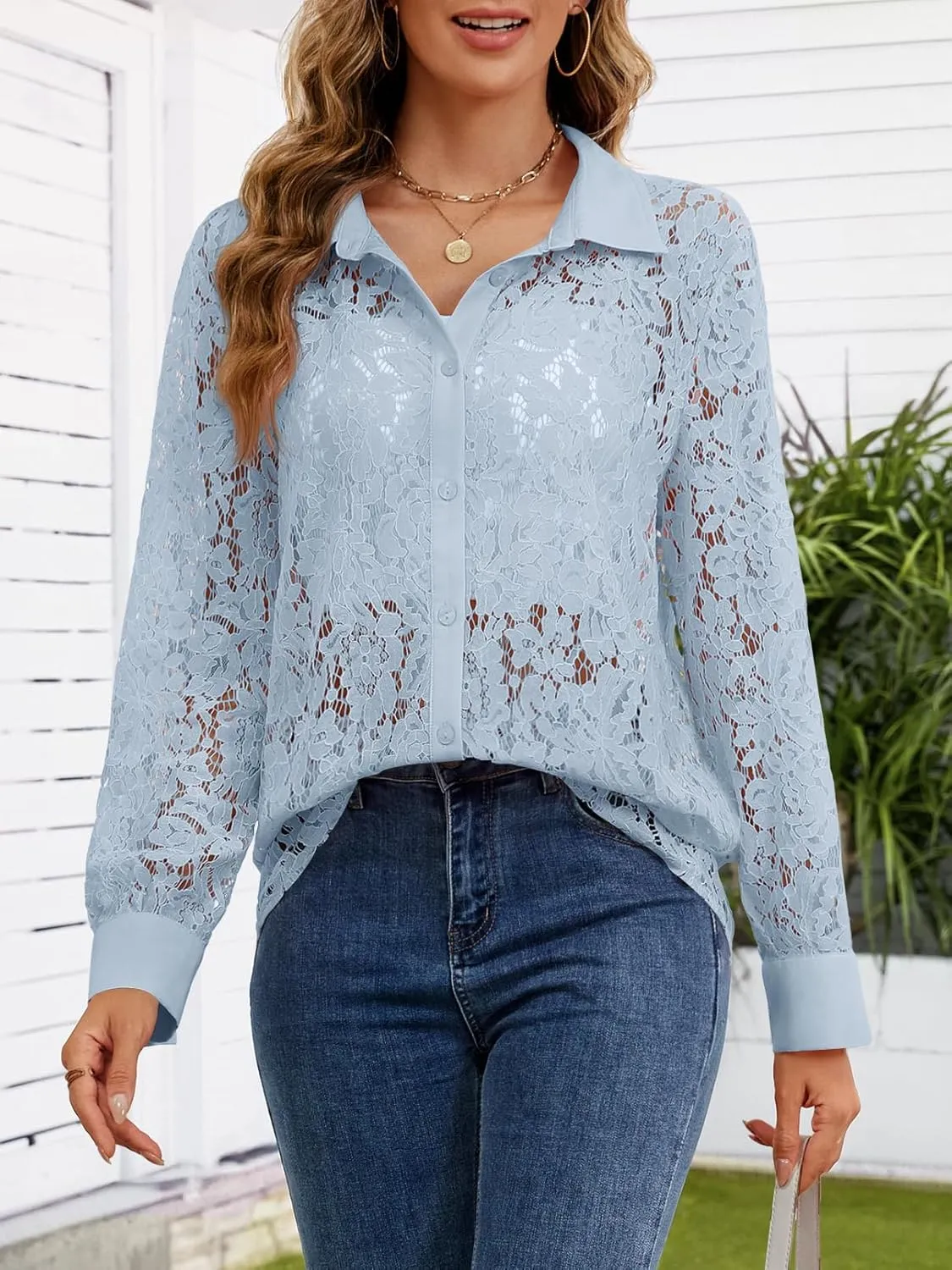 MEROKEETY Women's Lace Long Sleeve Tops Dressy Casual Blouse Button Down Sheer Elegant Summer Shirts