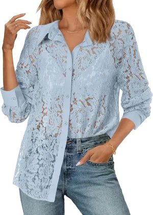 MEROKEETY Women's Lace Long Sleeve Tops Dressy Casual Blouse Button Down Sheer Elegant Summer Shirts