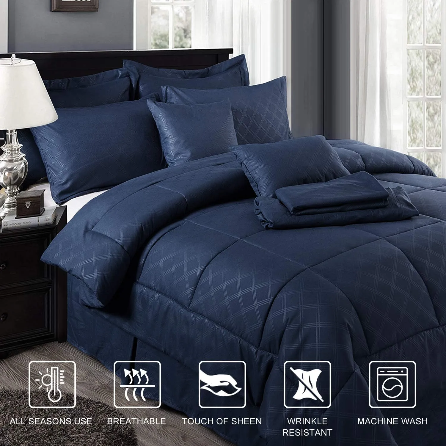 MERRY HOME King Size Comforter Set with Sheets for 14" Deep Pocket - 430GSM Heavyweight, Luxury 10 Piece Embroidered Bed in a Bag Comforter Sets with Decorative Pillow, Bedskirt, Shams, Navy