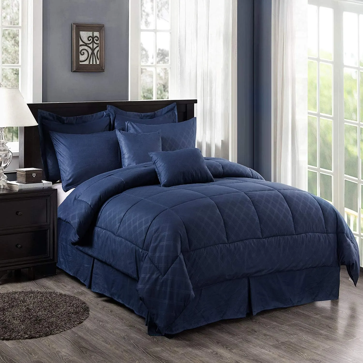 MERRY HOME King Size Comforter Set with Sheets for 14" Deep Pocket - 430GSM Heavyweight, Luxury 10 Piece Embroidered Bed in a Bag Comforter Sets with Decorative Pillow, Bedskirt, Shams, Navy