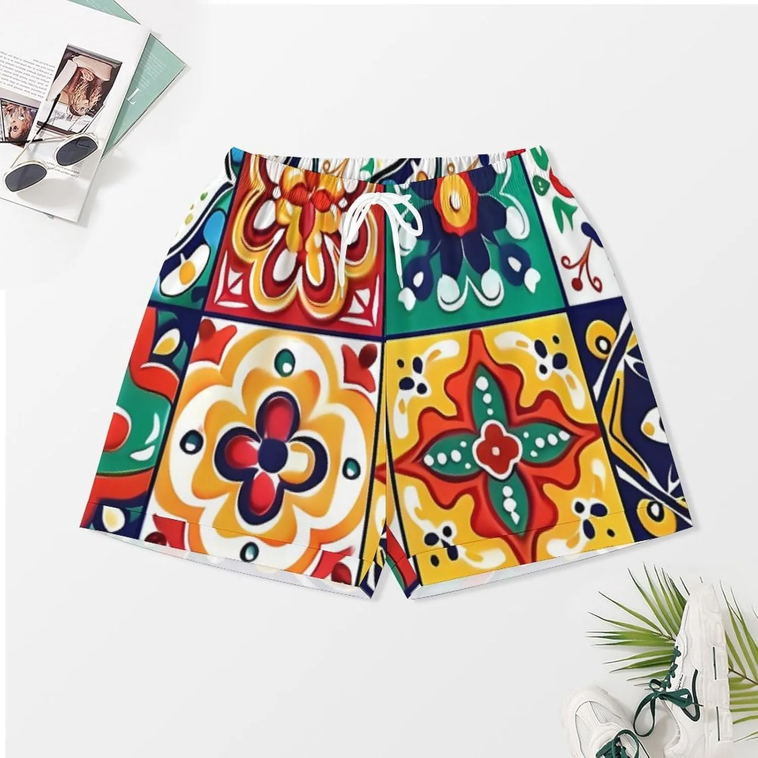 Mexican Talavera Italian Pottery Women's Satin Pajama Set Short Sleeve Button Down Sleepwear Loungewear Pj Set