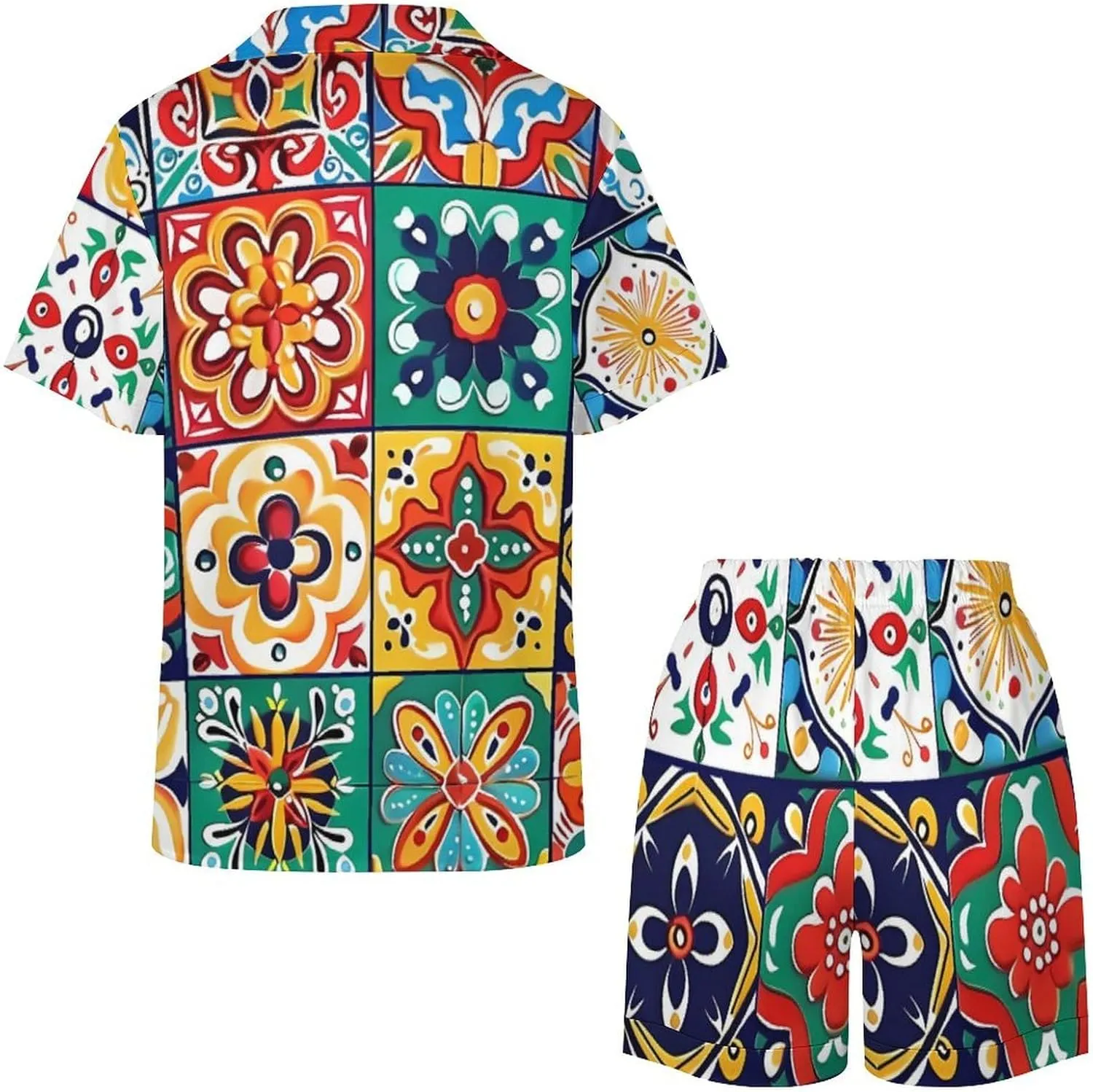 Mexican Talavera Italian Pottery Women's Satin Pajama Set Short Sleeve Button Down Sleepwear Loungewear Pj Set