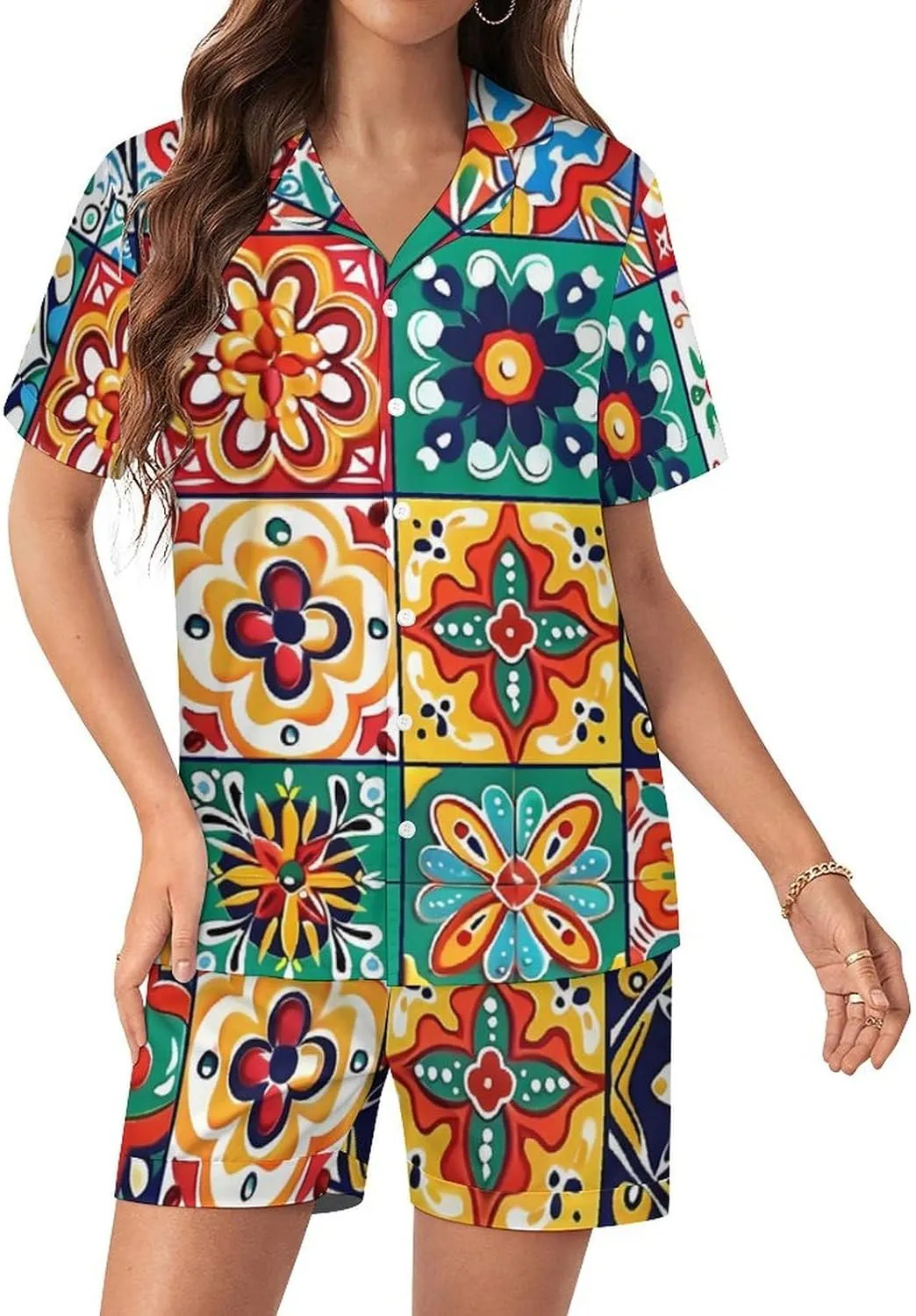 Mexican Talavera Italian Pottery Women's Satin Pajama Set Short Sleeve Button Down Sleepwear Loungewear Pj Set