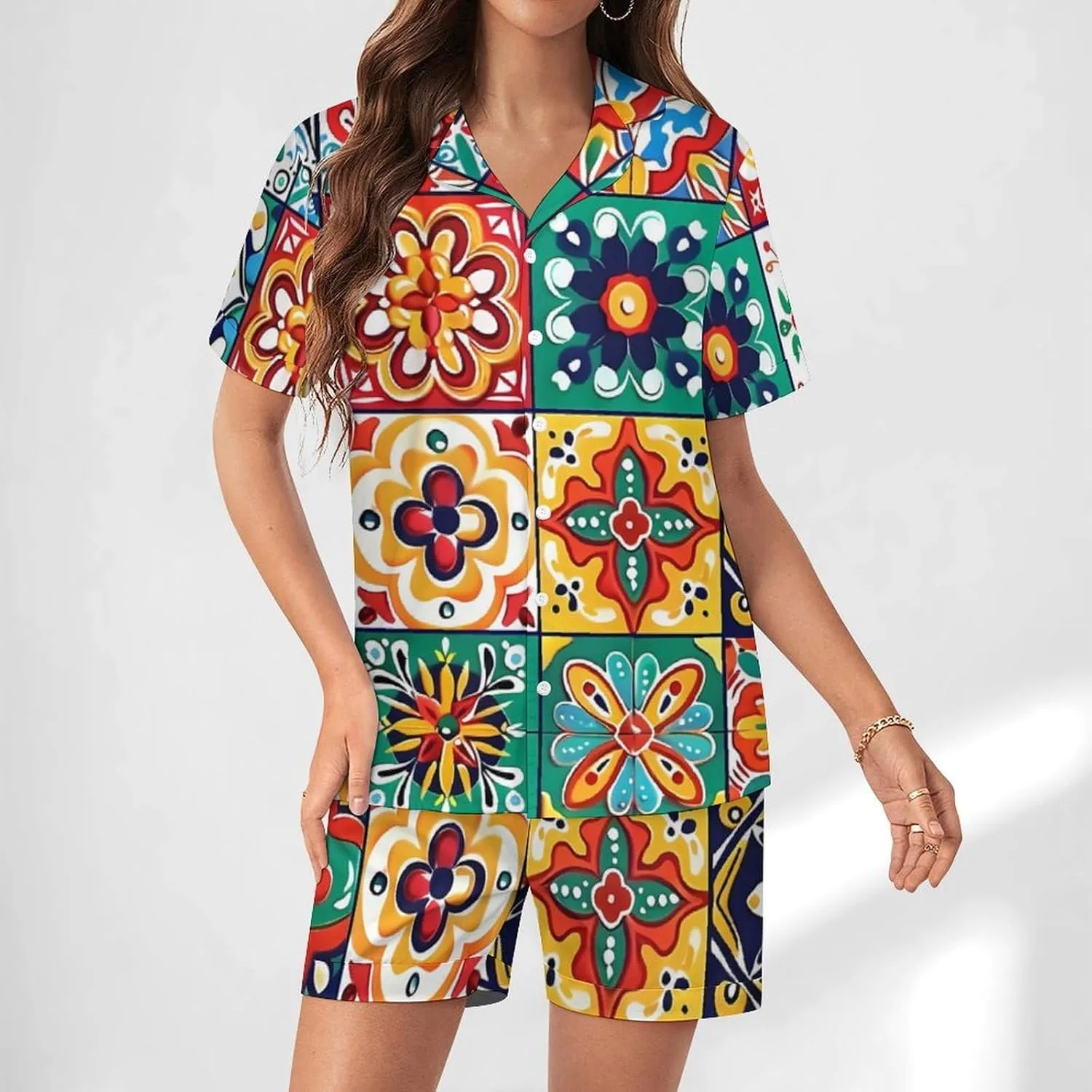 Mexican Talavera Italian Pottery Women's Satin Pajama Set Short Sleeve Button Down Sleepwear Loungewear Pj Set
