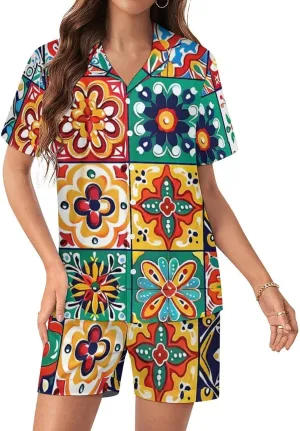 Mexican Talavera Italian Pottery Women's Satin Pajama Set Short Sleeve Button Down Sleepwear Loungewear Pj Set
