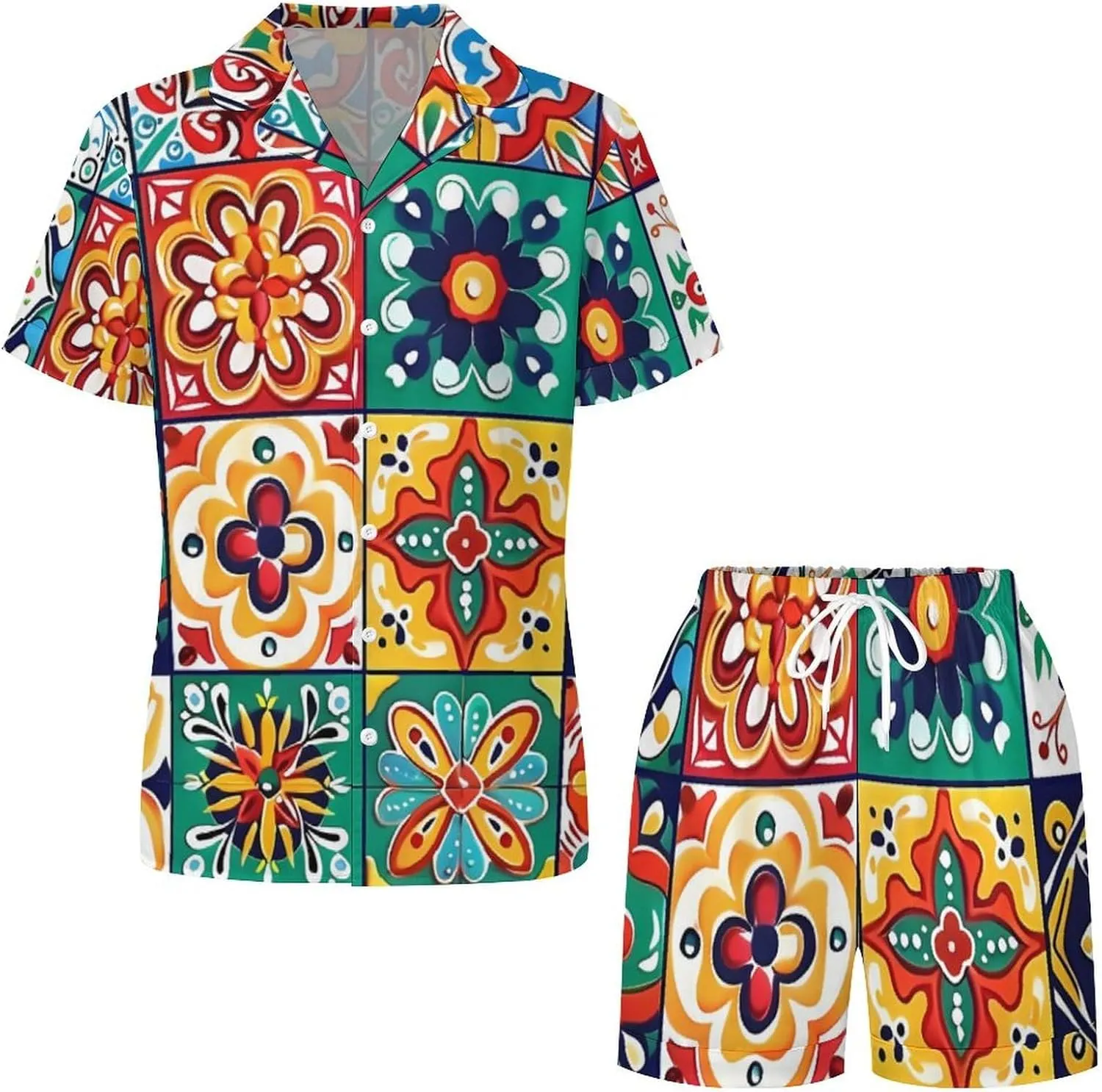 Mexican Talavera Italian Pottery Women's Satin Pajama Set Short Sleeve Button Down Sleepwear Loungewear Pj Set
