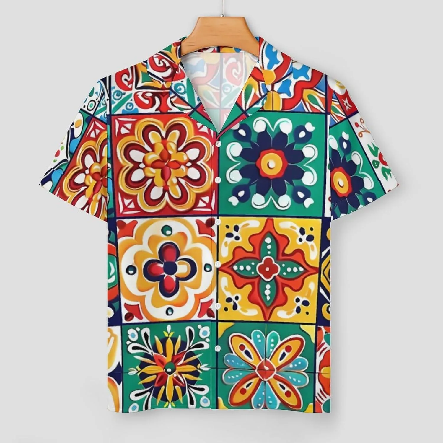 Mexican Talavera Italian Pottery Women's Satin Pajama Set Short Sleeve Button Down Sleepwear Loungewear Pj Set