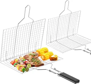 Mifoci 2 Pcs Grill Basket with Removable Handle Barbecue BBQ Grilling Basket Vegetable Fish Grill Folding Portable Stainless Steel Fish Grilling Rack for Cooking Camping Outdoor BBQ Gifts
