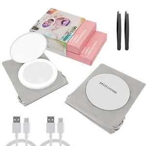 Milishow Compact Mirror with LED Light,1x/10x Magnifying Rechargeable Mirror,3.5in, Dimmable Travel Mirror for Purse,Pocket,Handheld 2-Sided Makeup Mirror