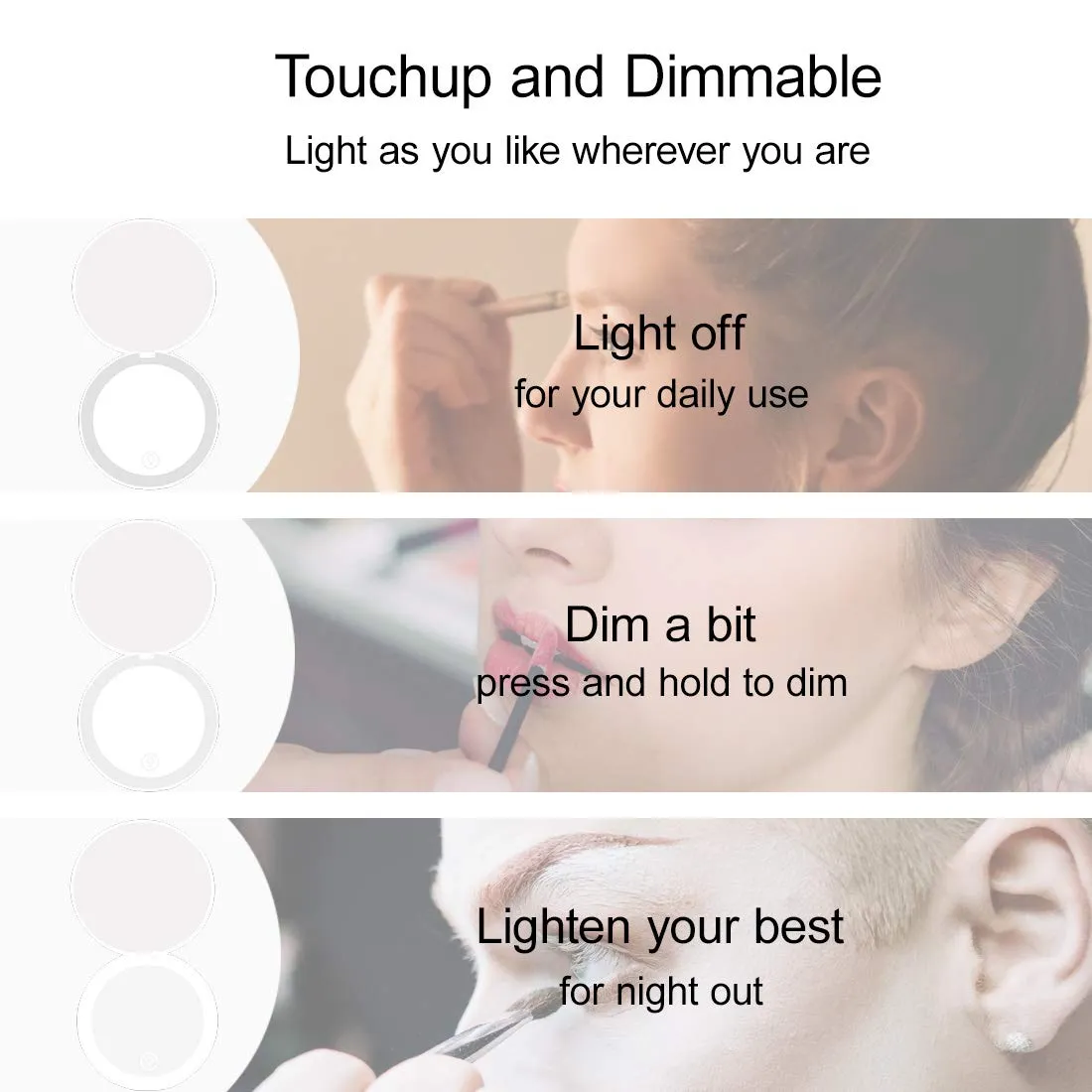 Milishow Compact Mirror with LED Light,1x/10x Magnifying Rechargeable Mirror,3.5in, Dimmable Travel Mirror for Purse,Pocket,Handheld 2-Sided Makeup Mirror