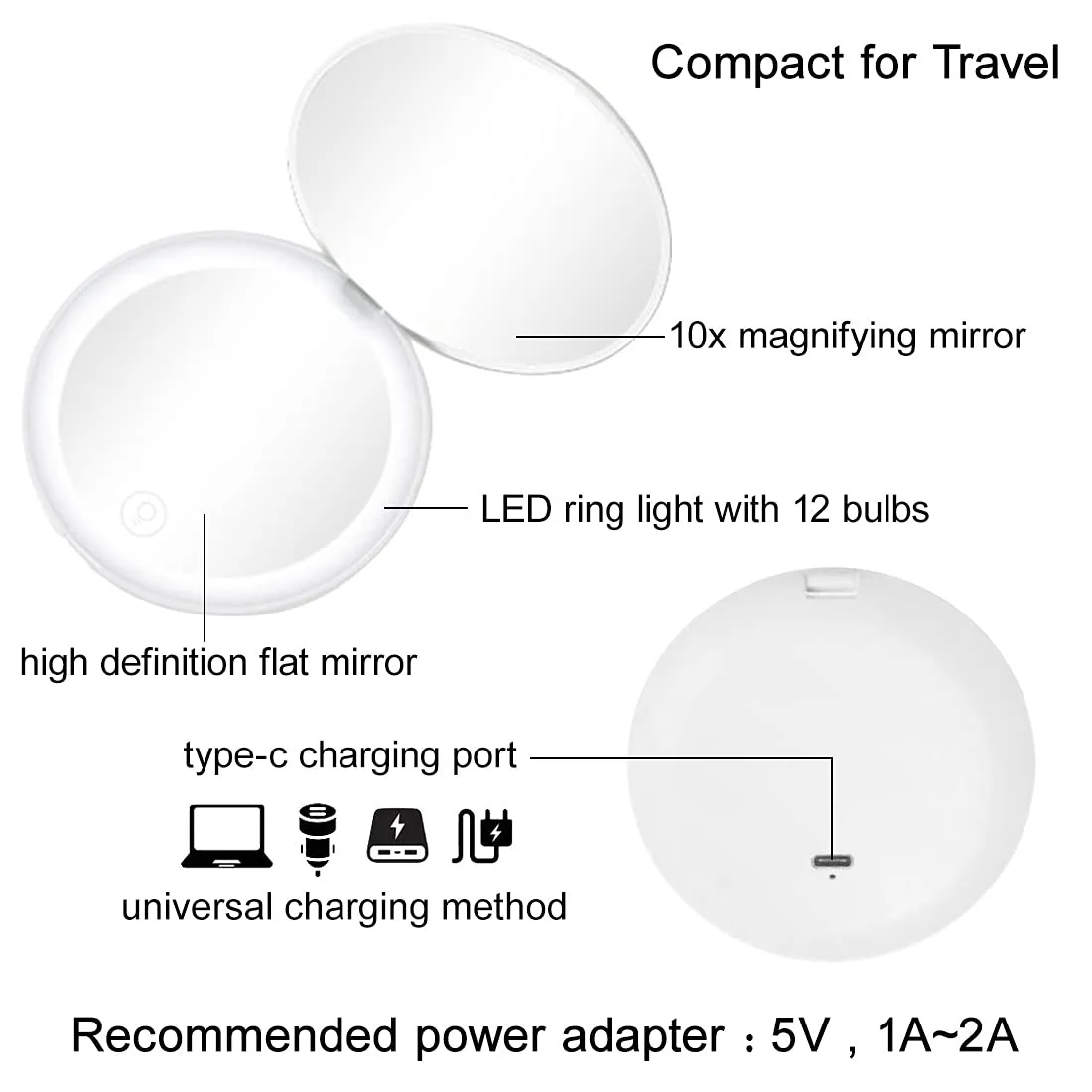 Milishow Compact Mirror with LED Light,1x/10x Magnifying Rechargeable Mirror,3.5in, Dimmable Travel Mirror for Purse,Pocket,Handheld 2-Sided Makeup Mirror