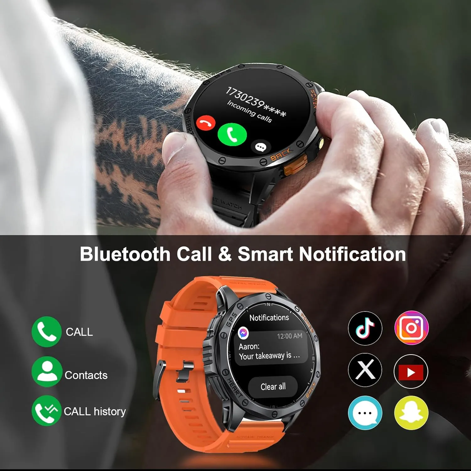 Military Smart Watches Built-in GPS, 170  Sport Modes for Men with Flashlight, Smartwatch for Android Phones and iPhone, 1.43" AMOLED Screen Bluetooth Call Compass Altimeter (Black & Orange (2 Bands))