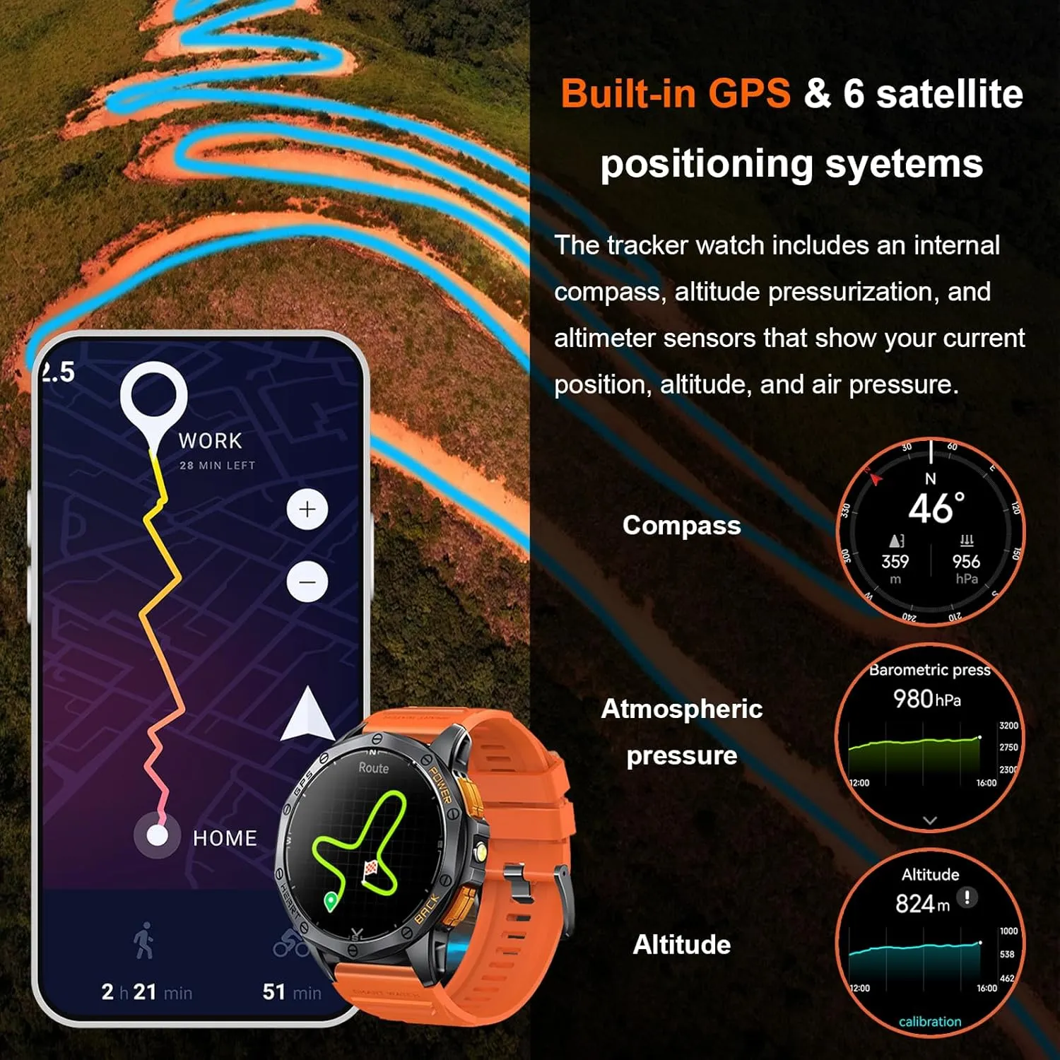 Military Smart Watches Built-in GPS, 170  Sport Modes for Men with Flashlight, Smartwatch for Android Phones and iPhone, 1.43" AMOLED Screen Bluetooth Call Compass Altimeter (Black & Orange (2 Bands))