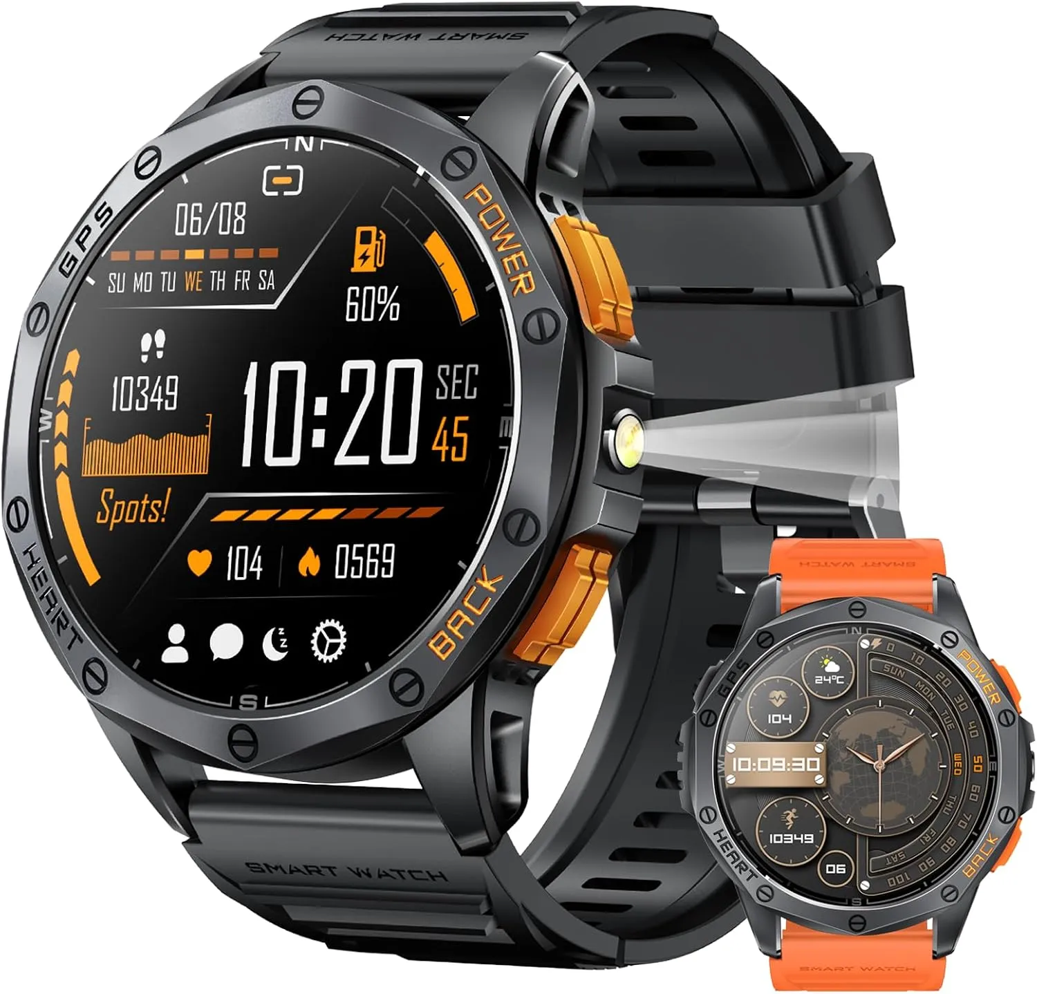 Military Smart Watches Built-in GPS, 170  Sport Modes for Men with Flashlight, Smartwatch for Android Phones and iPhone, 1.43" AMOLED Screen Bluetooth Call Compass Altimeter (Black & Orange (2 Bands))