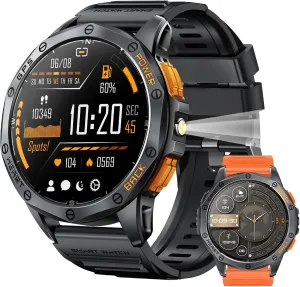 Military Smart Watches Built-in GPS, 170  Sport Modes for Men with Flashlight, Smartwatch for Android Phones and iPhone, 1.43" AMOLED Screen Bluetooth Call Compass Altimeter (Black & Orange (2 Bands))