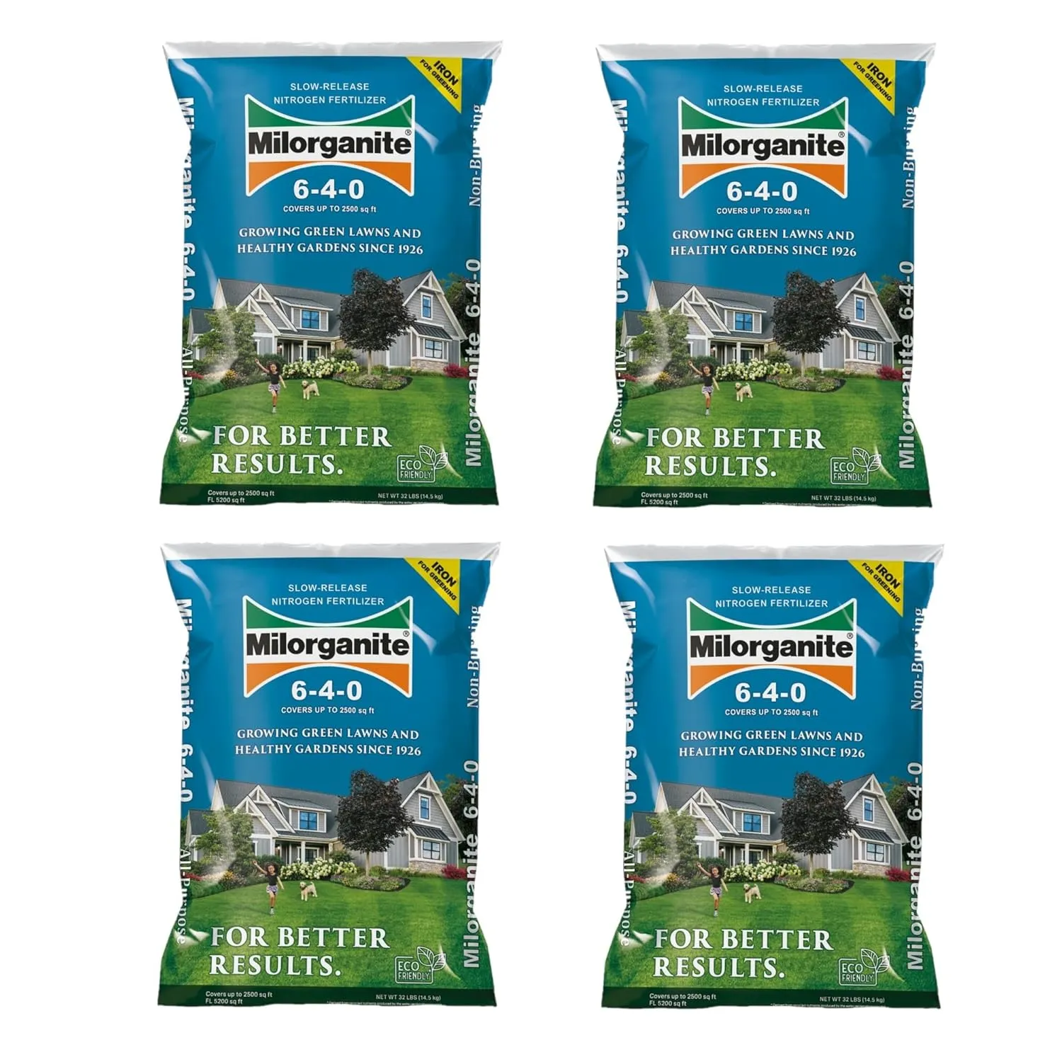 Milorganite All-Purpose Eco-Friendly Slow-Release Nitrogen 6-4-0 Fertilizer, 32 Pound Bag (Pack of 4) - for Lawns, Flowers, Gardens