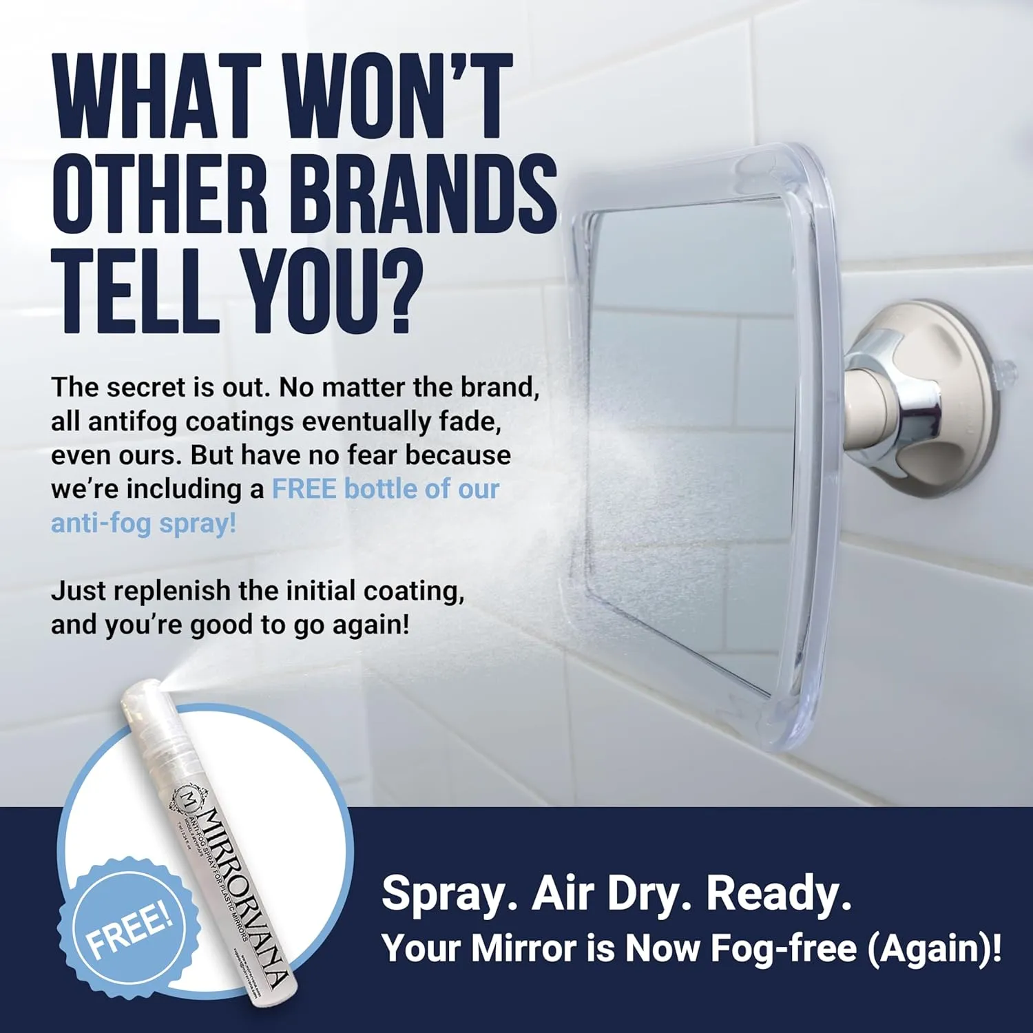 MIRRORVANA Fogless Shower Mirror for Shaving with Upgraded Suction-Cup, 1X Magnifying, 6.3 x 6.3 Inch (Translucent Frame, Grey Suction)