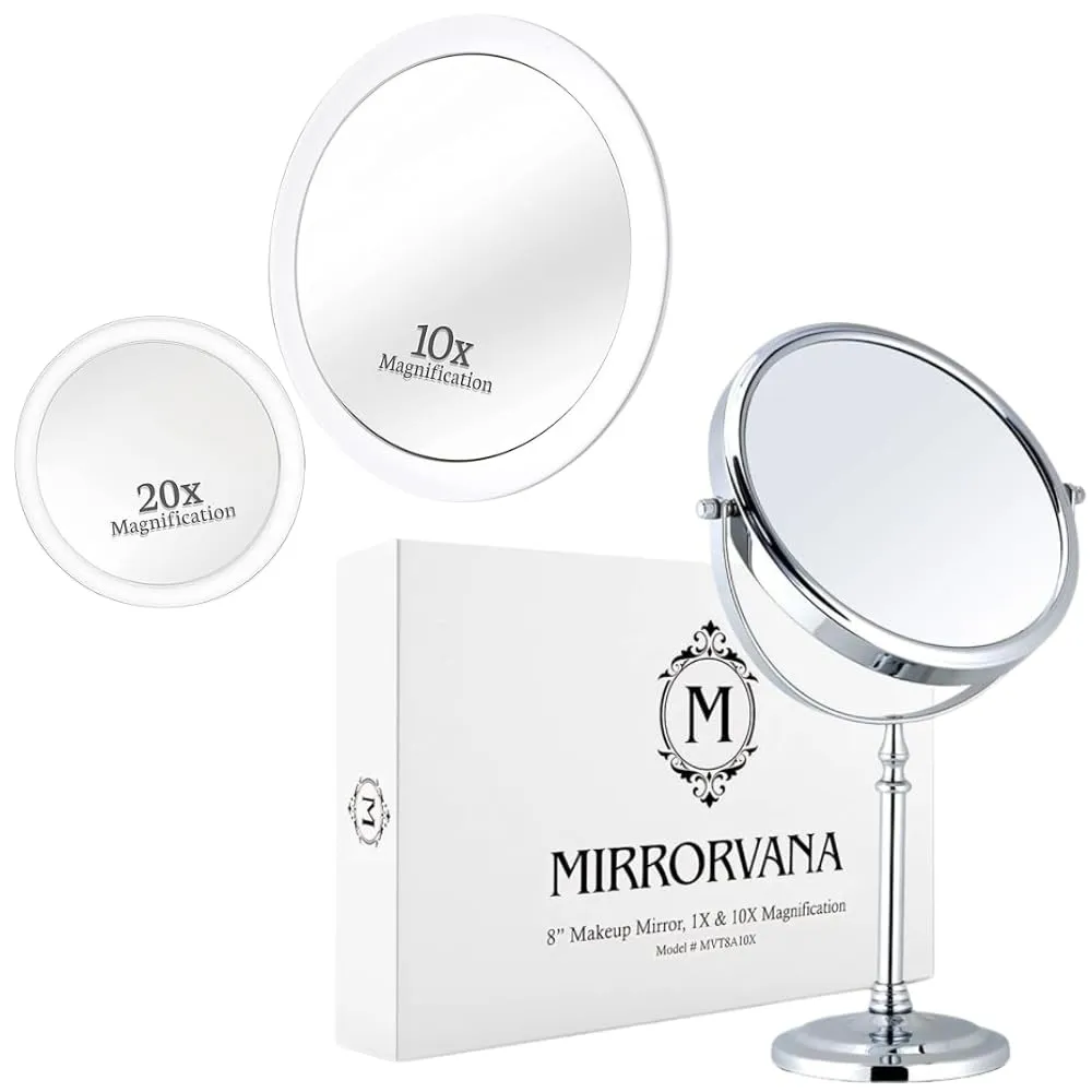 MIRRORVANA Large Double Sided 10X and 1X Magnifying Makeup Mirror with Stand in Gift Box & 20X & 10X Magnifying Mirror Set with 3 Suction Cups Each - Compact & Travel Ready Mirror for Makeup Bundle
