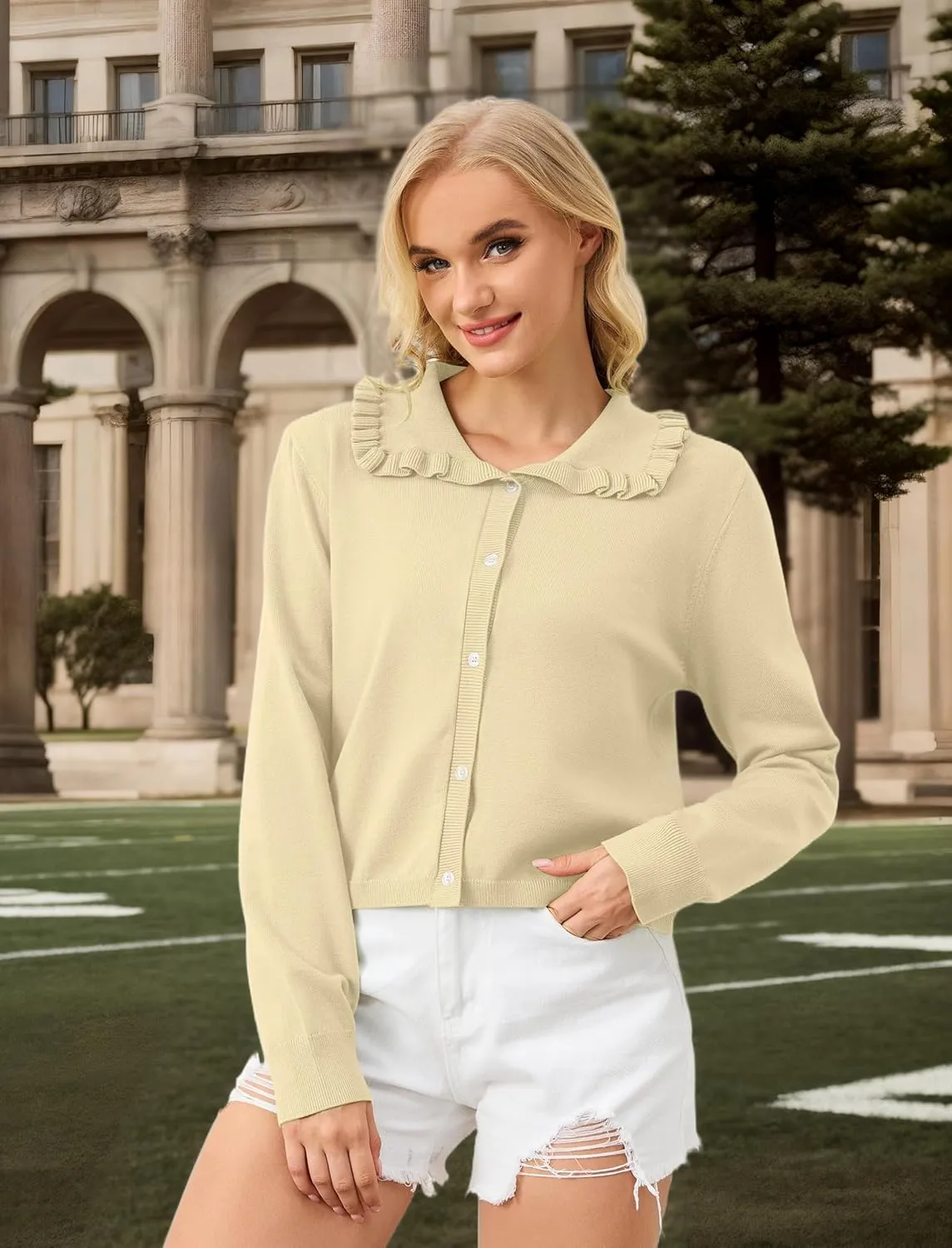 MISSACTIVER Women Ruffle Collar Cropped Cardigan Casual Lapel Button Down Sweaters Long Sleeve Open Front Knit Jacket